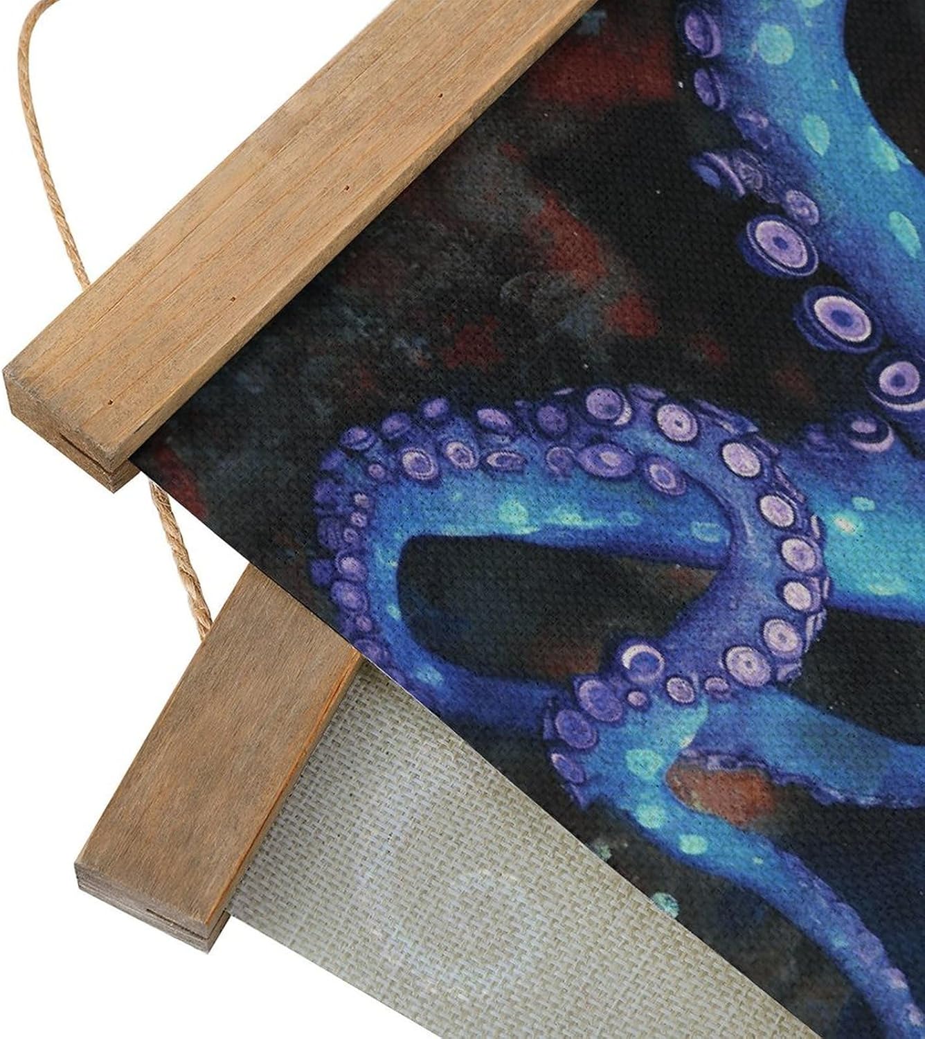 Vintage Blue Octopus Poster with Wooden Frame Personalized Linen Hanging Scroll Painting Rustic Wall Hanging Illustrative Modern Artwork Decor for Home Living Room Bedroom Office
