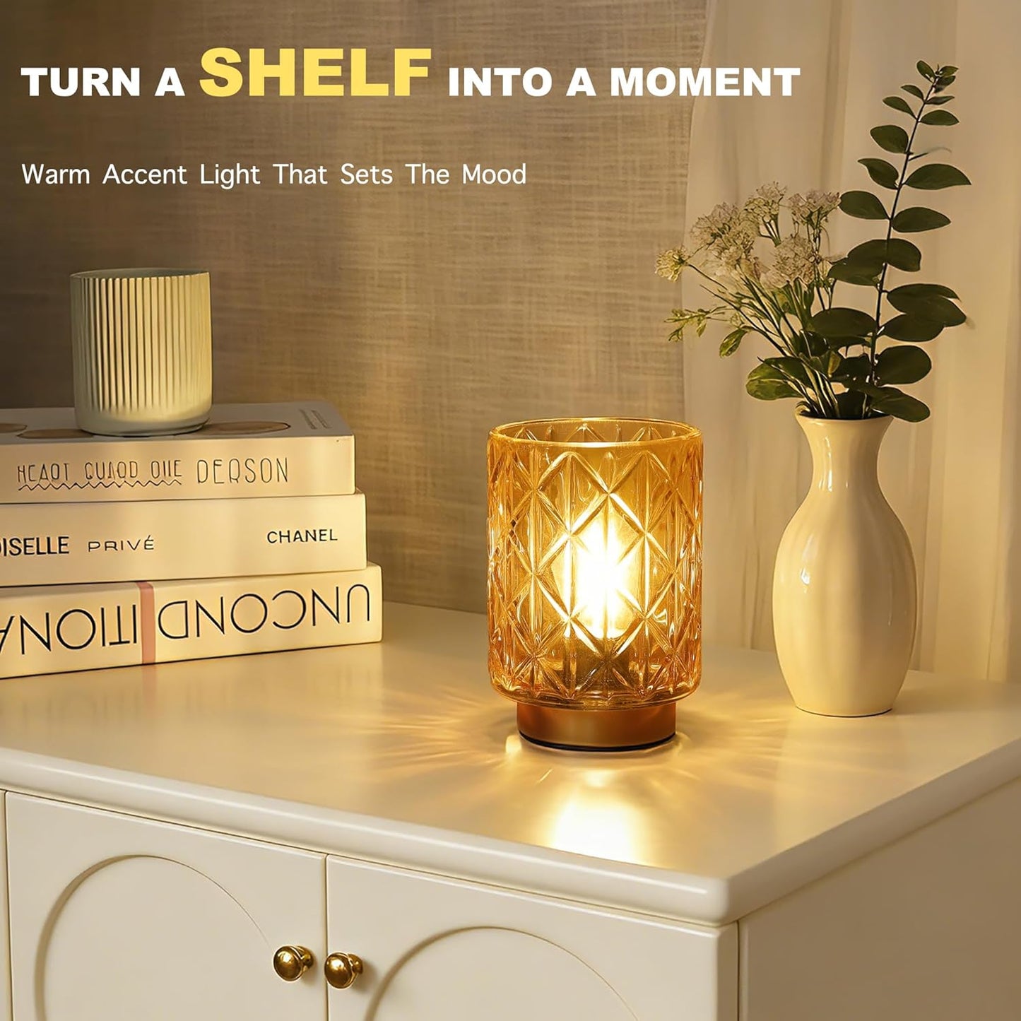 Battery Operated Table Lamp with Timer for Bookshelf/Bedside,Cordless Small Cozy Ambience Decorative Glass Lamps for Nightstand/Dorm/Office Cubicle/Desk/Counter Table Decor(Golden)