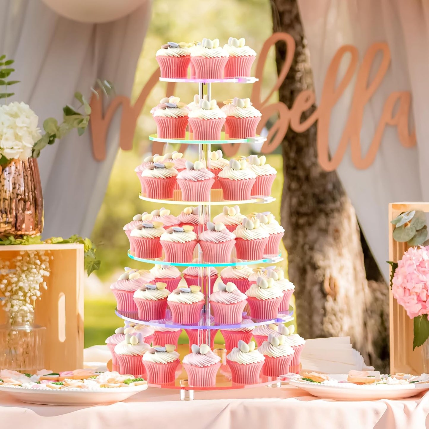 Cupcake Stand - 6 Tier Round Cupcake Tower with Rechargeable LED Light - Cupcake Holder for 60 Cupcakes - Cup Cake Stand with light - Clear Acrylic Dessert Display Stand for Weddings, Birthdays