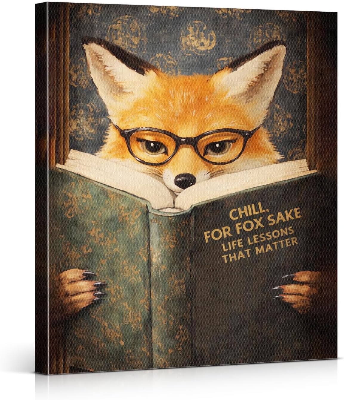 Vintage Fox Reading Wall Art Print - Whimsical Bookish Fox Canvas Poster Painting - Animal Wall Decor for Home Reading Room Study 8x10 Inch Framed