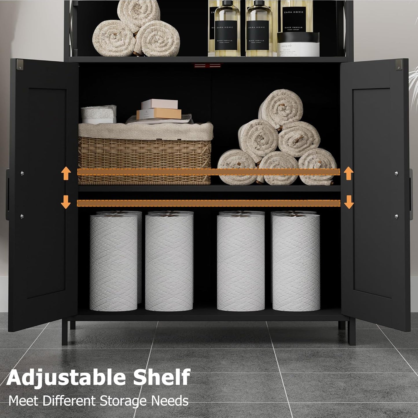 Homhedy Farmhouse Bathroom Storage Cabinet with 2 Doors, Toilet Paper Cabinet with Adjustable Shelves, Small Bathroom Cabinet for Kitchen/Laundry/Living Room, 11.8 x 23.6 x 31.5 Inches, Black
