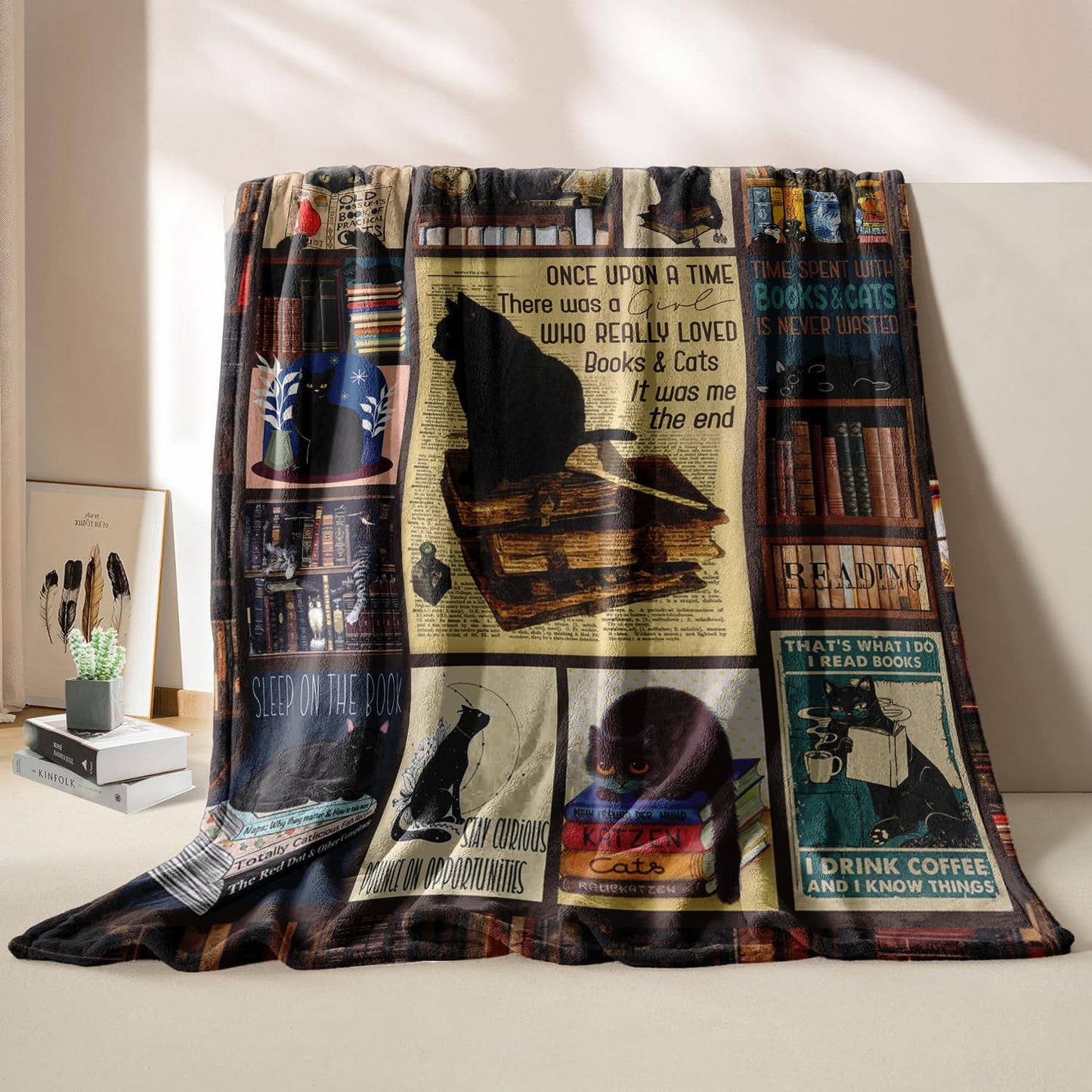 Gifts for Readers, Book Lover Gifts for Women, Black Cat Blanket for Women Cat Lover, Book Reading Lovers Blanket Throws 60"x50"