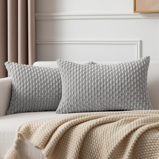 Kevin Textile Decor Solid Decorative Pillow Case Striped Jacquard Cushion Cover for Lumbar Light Grey 12x20 Inch (30x50cm) 2 Pieces