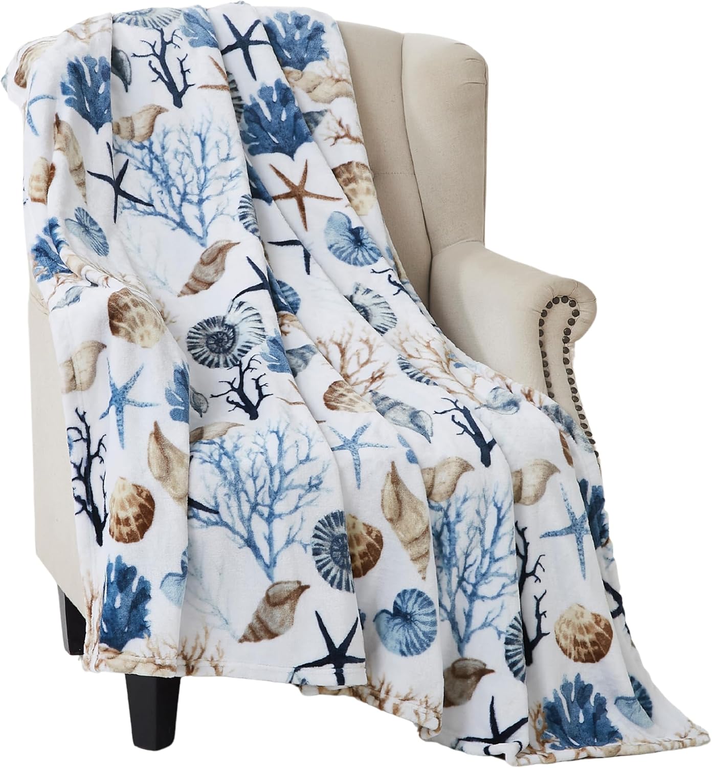 Ocean Life Coastal Throw Blanket: Soft Plush Velvet Fleece Blues Greys and Beige Brown on White, Accent with Shells Coral and Starfish, 50" x 70" Inches (Coral Reef)