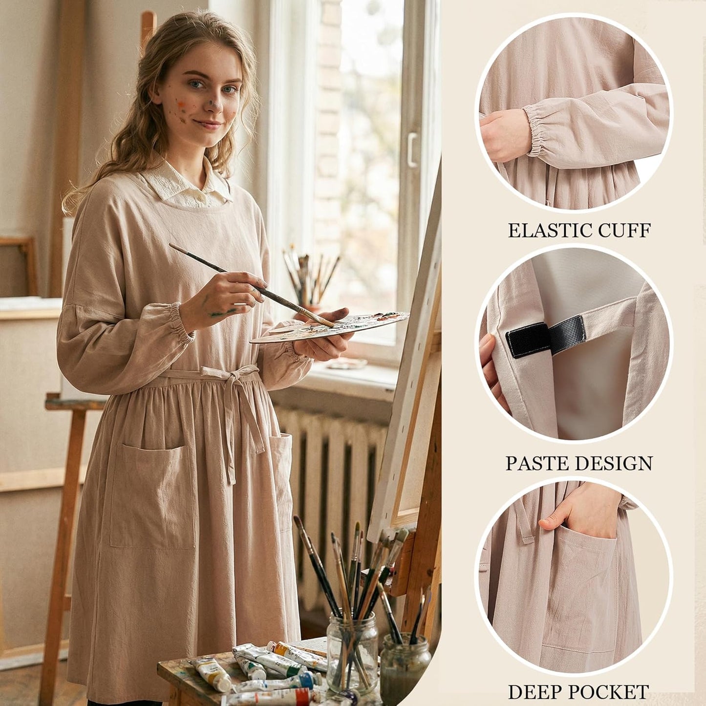 Nanxson Cotton Linen Apron - Women's Long Sleeve Apron for Cooking, Gardening, Painting, Baking & Housework - CFL0001