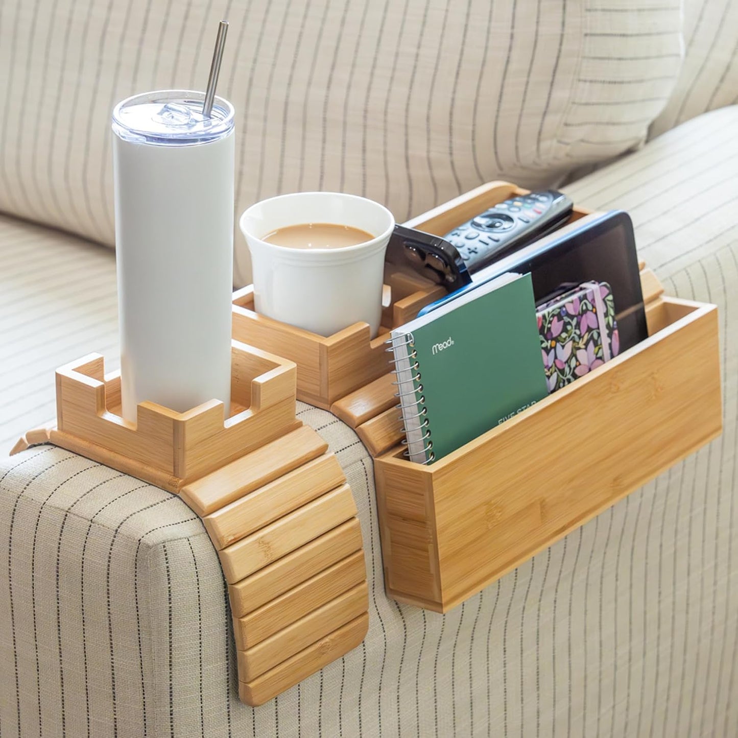 Bamboo Couch Arm Set – 1 Large with Side Pocket + 1 Small – Sofa Cup Holder for Remote & Phone – Non-Slip Fit for Armrests 4.5"–8.5" Wide
