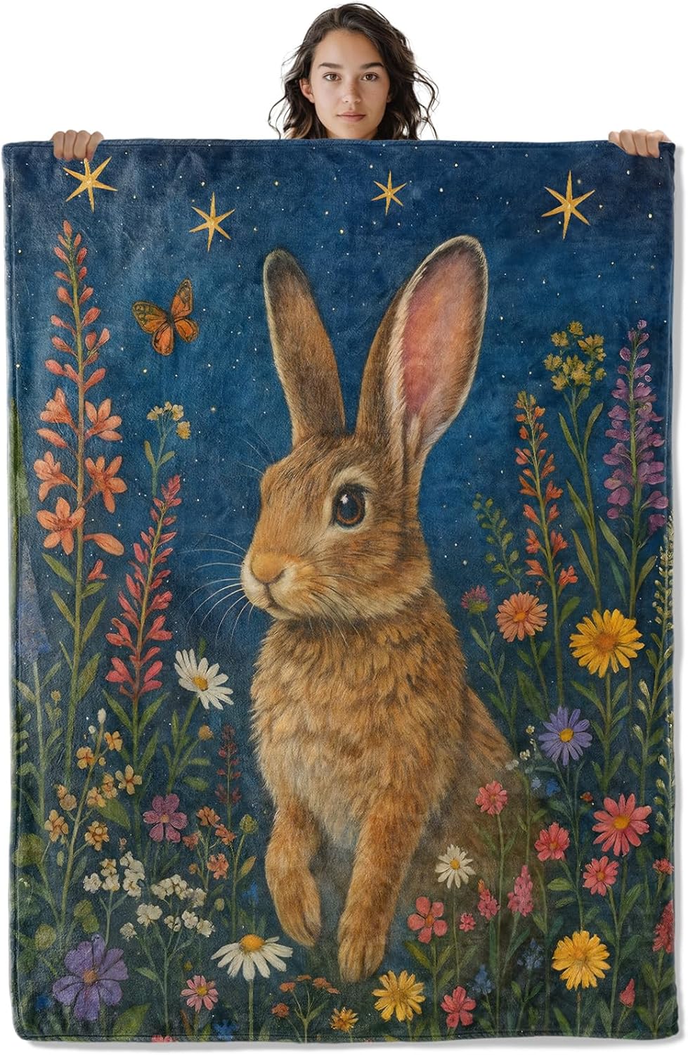Cute Bunny Floral Meadow Blanket, 60 x 50 Inch Flannel Dreamy Starry Night Rabbit Throw Blanket, Gifts for Women Girls Adults Kids, Lightweight Cozy Warm Blankets for Sofa Travel Home Decor
