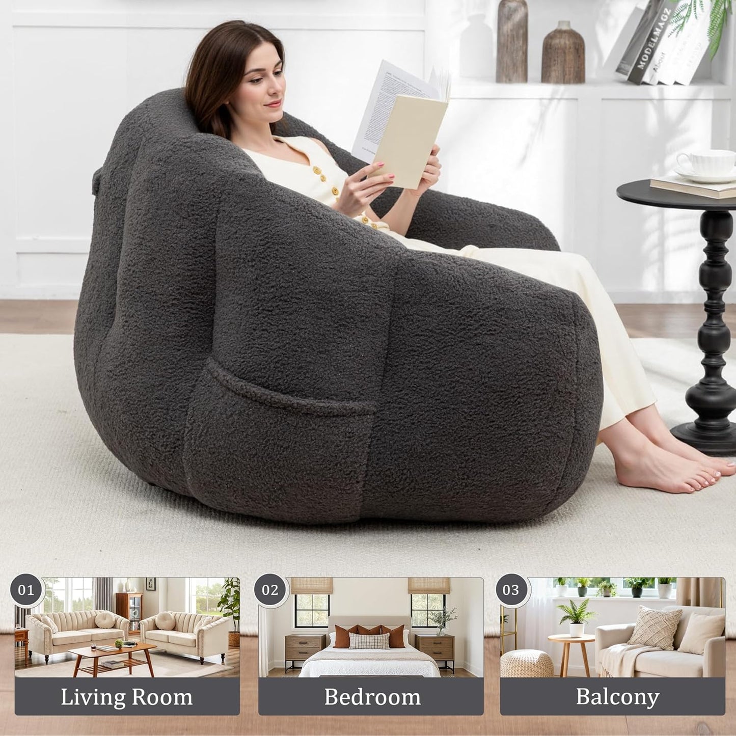 MINCETA Giant Bean Bag Chairs for Adults, Comfy Bean Bag Chair with Armrests, 35" D x 41.4" W, Dark Gray Beanbag Sofa for Living Room, Bedroom, Filler Included