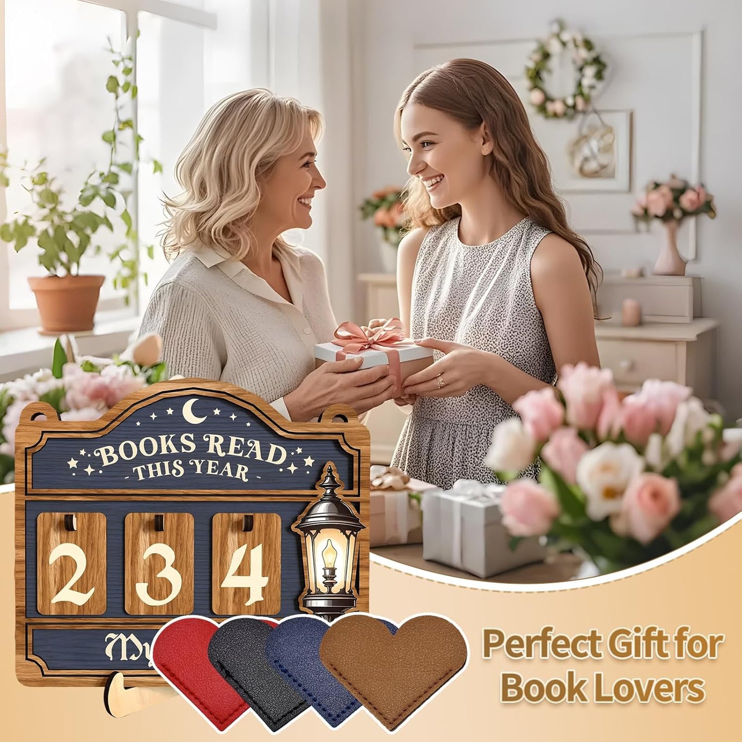 Books Read This Year Counter Decorative Signs with 4PCS Heart-Shaped Bookmarks, Reading Tracker Sign, Beautiful Book Decor for Home Library, Bookshelf & Wall, Gift for Book Lovers, Librarians,Teachers