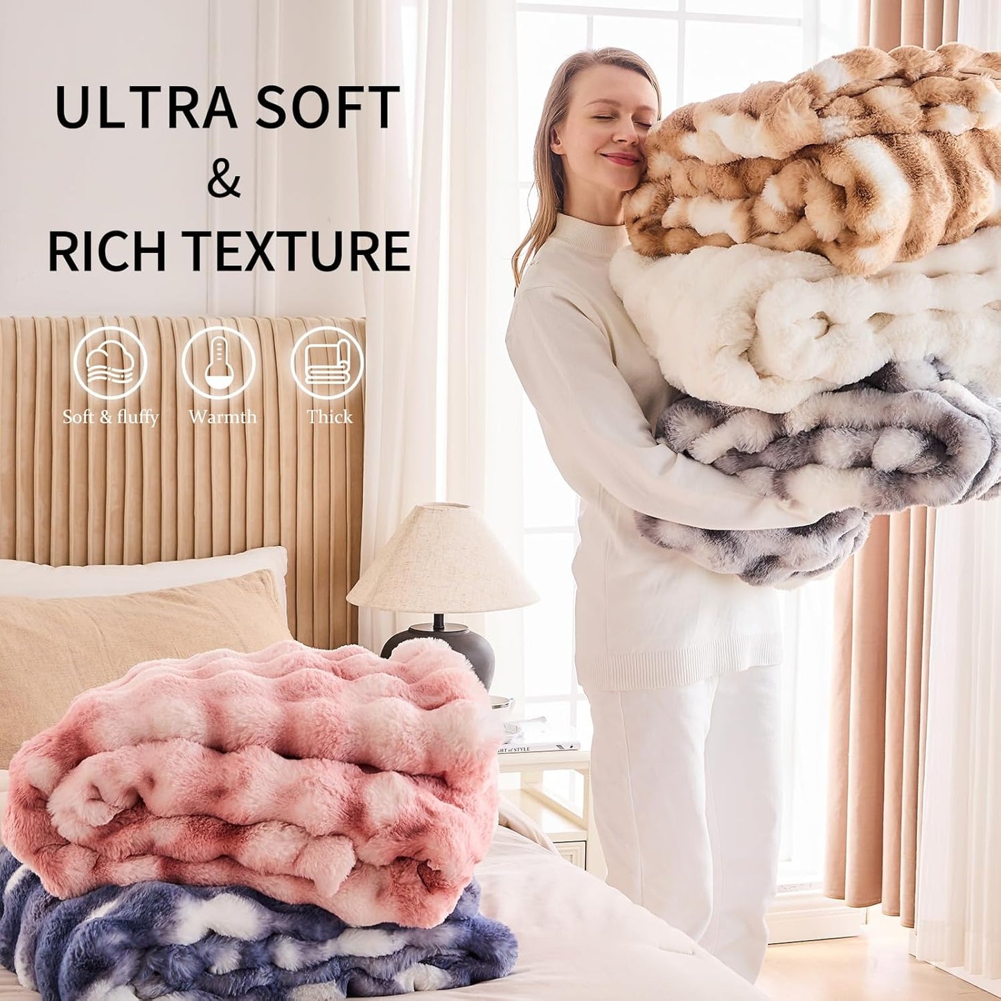 Cozy Faux Fur Throw Blanket for Couch-Warm Fuzzy Throw Blanket, Soft Plush Thick Bubble Blankets for Bedroom and Living Room, Furry Luxury Blanket, 50 x 60, Cream