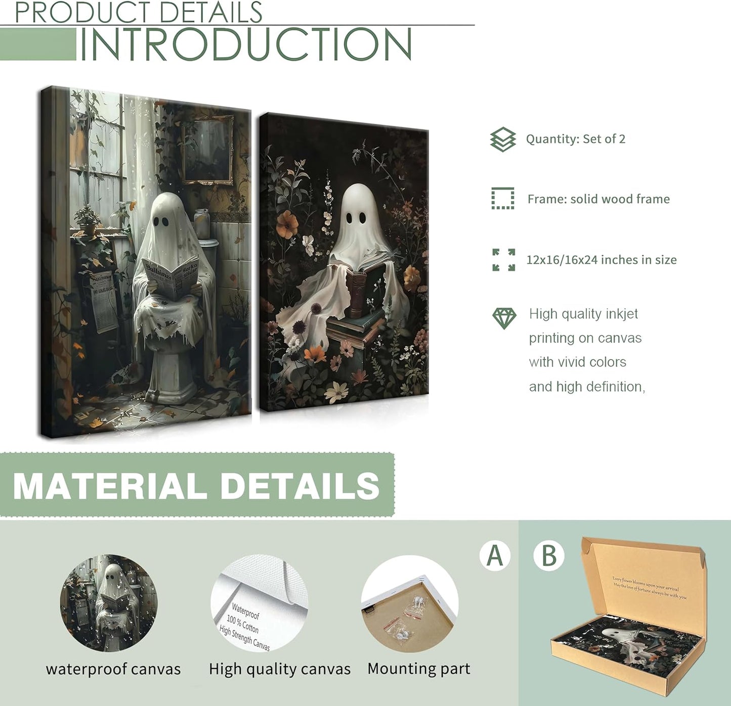 Framed Halloween Cute Ghost Canvas Wall Art Set of 2 - Gothic Bathroom Decor, Ghost Reading Book and Newspaper Wall Decor, Dark College Halloween Aesthetic for Living Room Bedroom 12x16 inch
