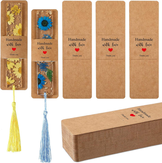 Fumete 50 Pieces Resin Bookmark Holder 5.9 x 1.8 Inches Kraft Bookmark Sleeves DIY Bookmarks Display Cards for Bookmark Wrapping Small Business Packaging Supplies Party Favor Gift (Brown, Warm)