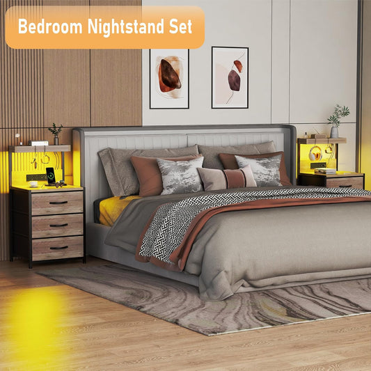Night Stand Set 2 with LED Lights for Bedroom, Bedside Nightstands with Power Outlet and Type C Port, Matching Tables with 3 Fabric Drawers, Hooks, and Shelves, Greige