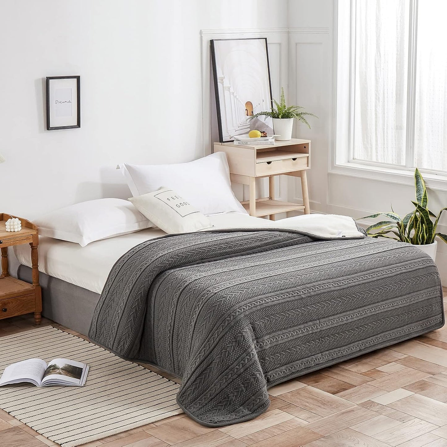 Longhui bedding Acrylic Cable Knit Sherpa Throw Blanket - Thick, Soft, Big, Cozy Grey Knitted Fleece Blankets for Couch, Sofa, Bed - Large 50 x 63 Inches Gray Coverlet All Season