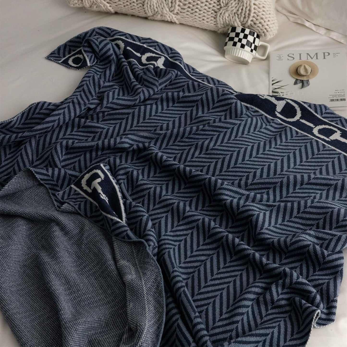 vctops Herringbone Wool Blend Throw Blanket for Couch Knitted Reversible Bed Blankets All Season Use Soft Warm Cozy Lightweight Throws for Sofa, Bed, Picnic (Blue Grey,51"x63")