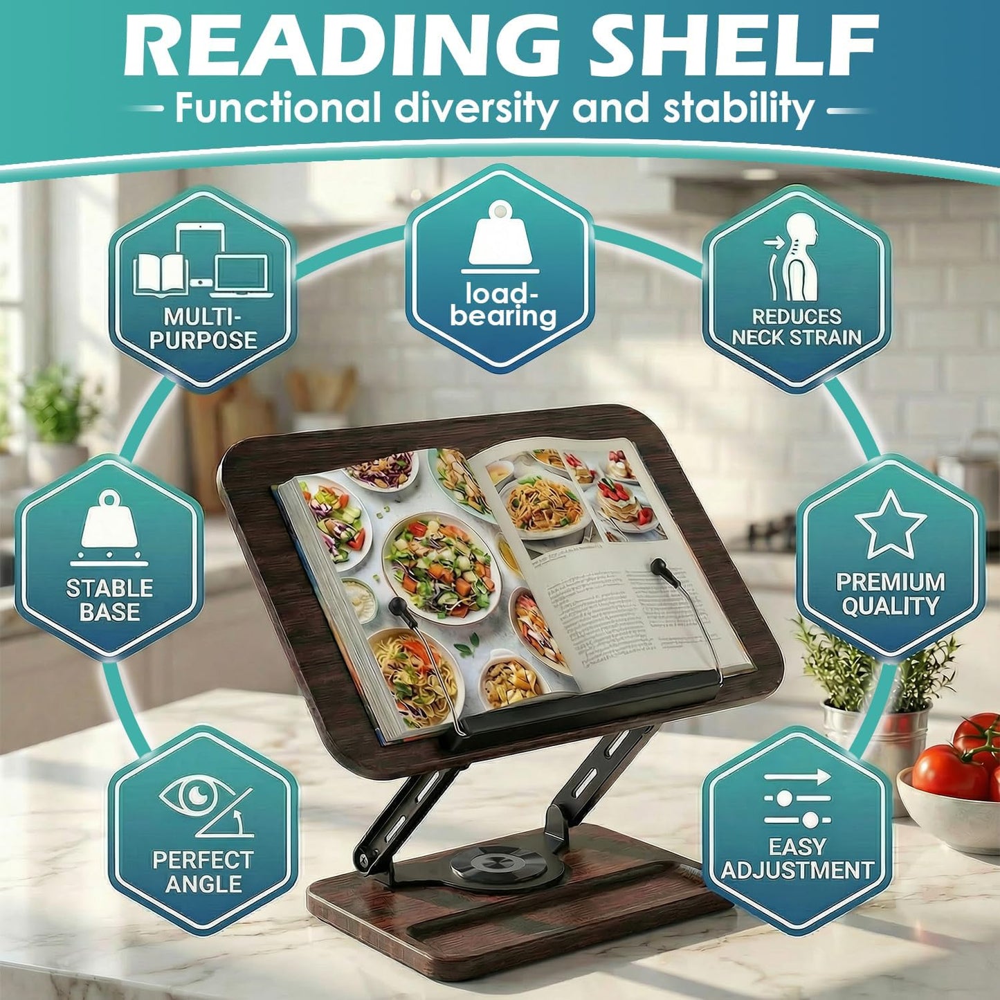 360° Rotating Book Stand, Adjustable Reading Shelf with 180° Flexible Book Clips, Wood Grain Desktop Holder, Multi-Angle Desktop Book Holder for Reading Cookbook Recipe