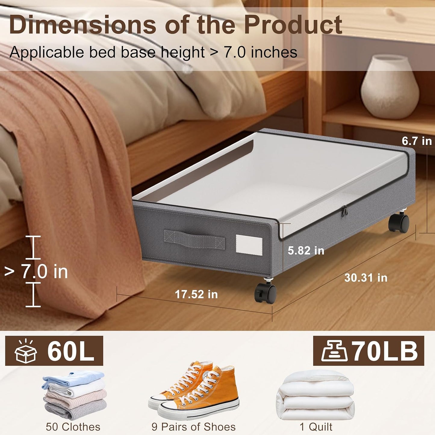 Under Bed Storage with Wheels - 2Pack 60L Underbed Storage Containers with Clear Lid & Label, Rolling Under Bed Storage Bins for Clothes, Shoes, Blankets (XL,Grey)