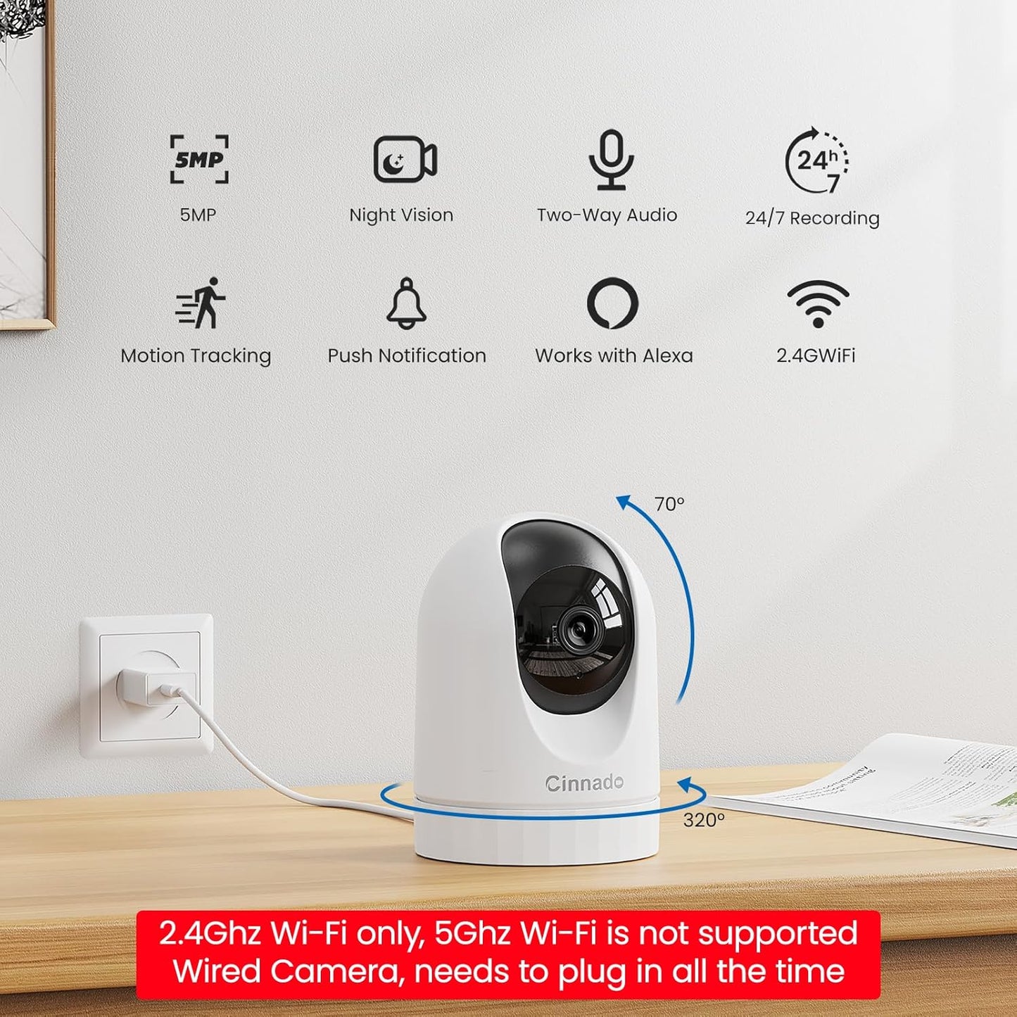 Cinnado 2K Home Security Cameras-2.4Ghz WiFi Indoor Camera with 360° Motion Detection for Pets/Nanny/Baby/Dog, 2 Way Audio, 24/7 SD Card Storage, Cloud Storage, Works with Alexa & Google Home, D1 4P