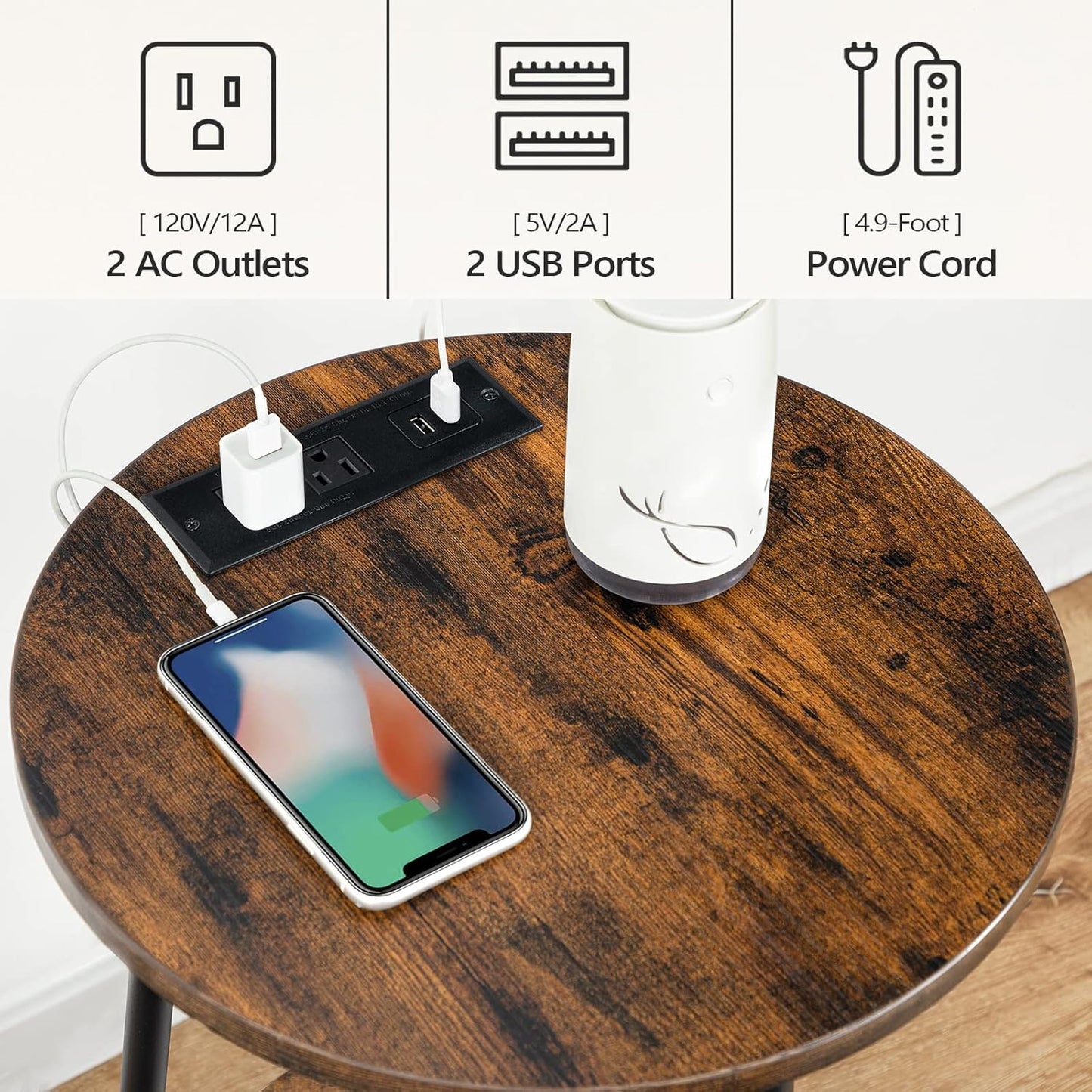HOOBRO Round End Table with Charging Station, 2-Tier Small Circle Side Table, Round Accent Table for Living Room, Bedroom, Rustic Brown BF671BZ01