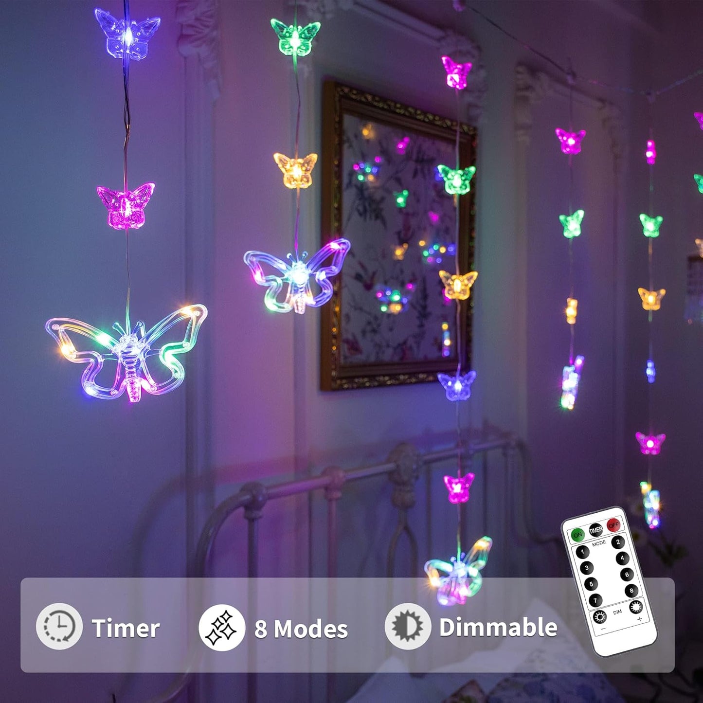 YOLIGHT Butterfly Curtain Lights for Bedroom 9.8ft LED Twinkle Fairy Light with Remote Timer Cute String Lights Wall Décor for Kids Girls Room Bed Canopy Wedding Easter Decoration (Multicolor)