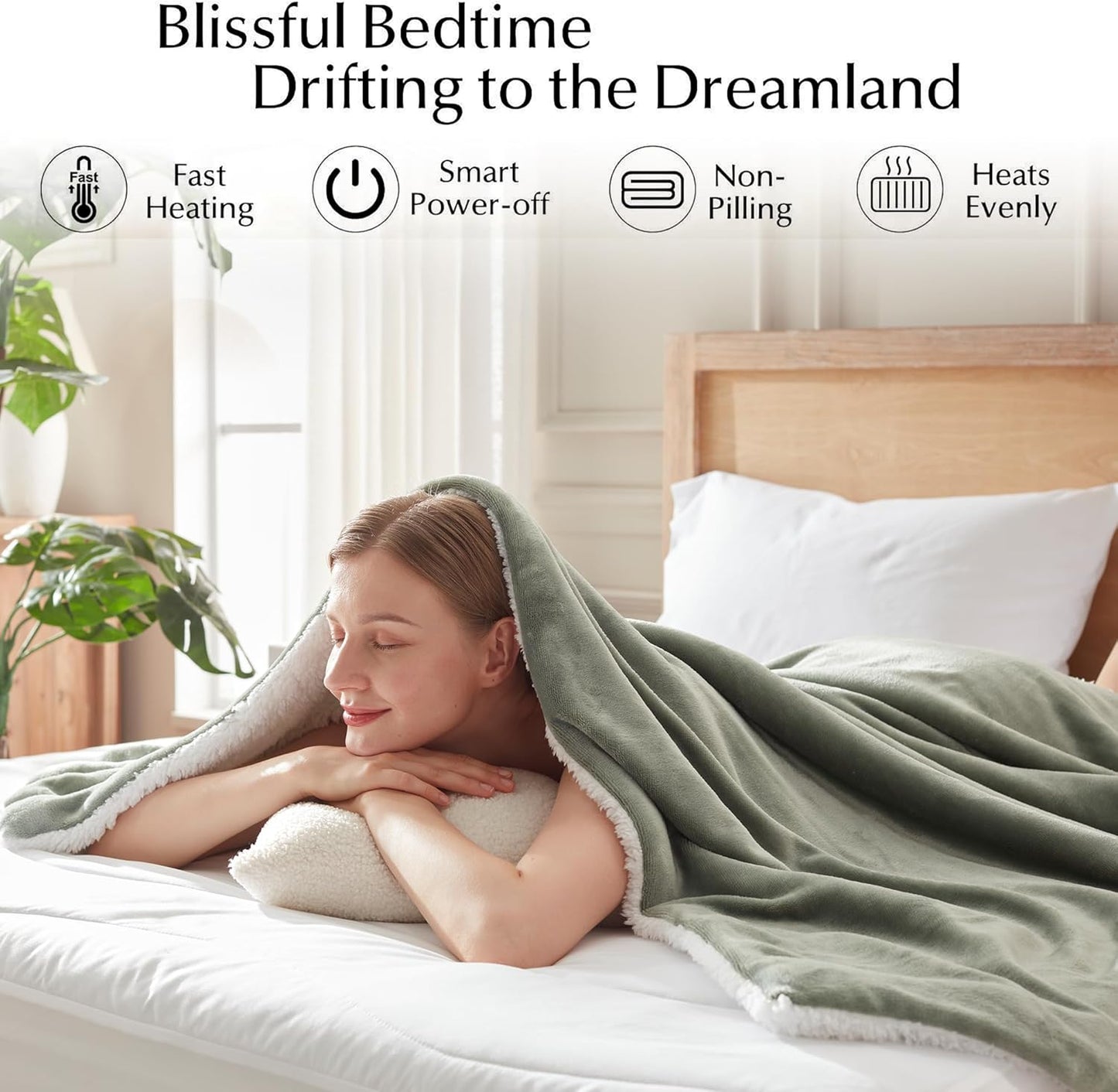 Electric Heated Blanket Throw Size, Soft and Cozy Thickened Flannel and Sherpa Electric Blanket for Bed, Automatic Safety System 6 Heating Levels & 10 Hours Auto-Off, 50"x60" Icelandic Green