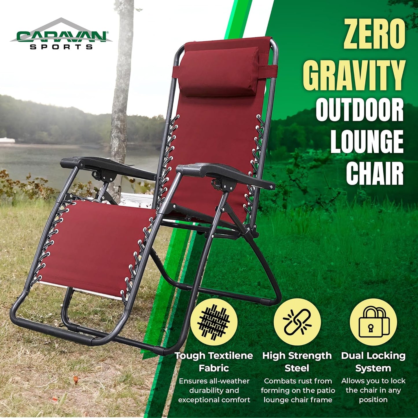 Caravan Sports Zero Gravity Outdoor Portable Folding Camping Lawn Deck Patio Pool Recliner Lounge Chair for Adults, Adjustable Headrest, Burgundy
