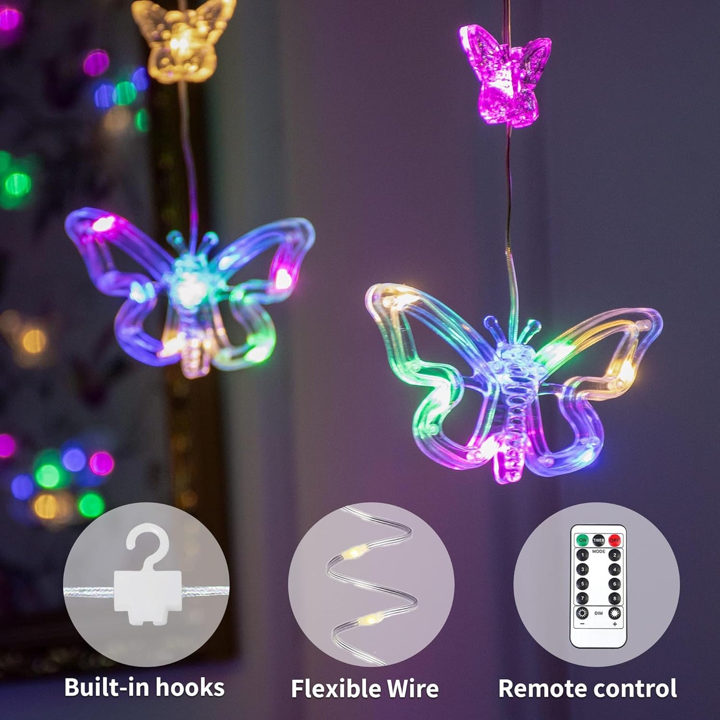 YOLIGHT Butterfly Curtain Lights for Bedroom 9.8ft LED Twinkle Fairy Light with Remote Timer Cute String Lights Wall Décor for Kids Girls Room Bed Canopy Wedding Easter Decoration (Multicolor)