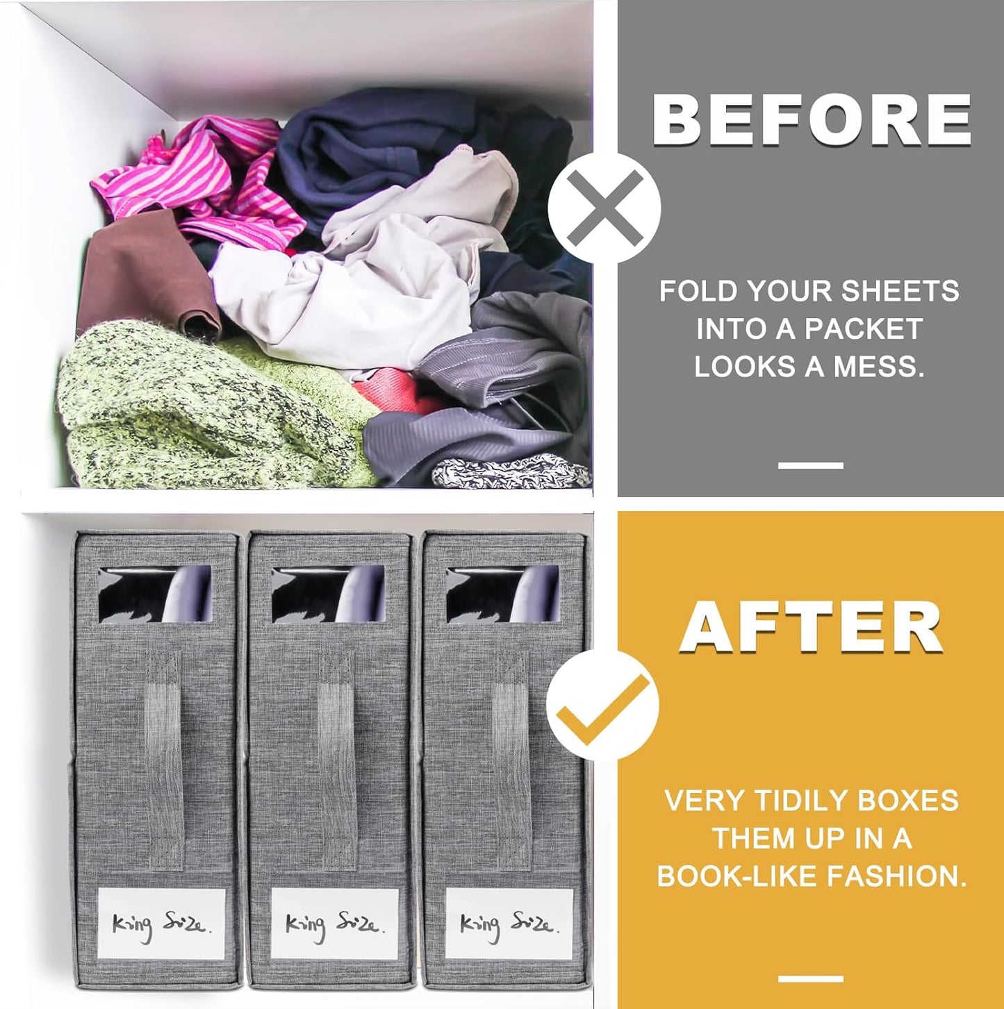 Cosybreeze Bed Sheet Organizers and Storage, Foldable Bed Sheet Set 4 Pack Twin/Full/King/Queen Size Organizing Bedding Container Linen Closet Organizer for Duvet Covers Clothes Towels, Grey