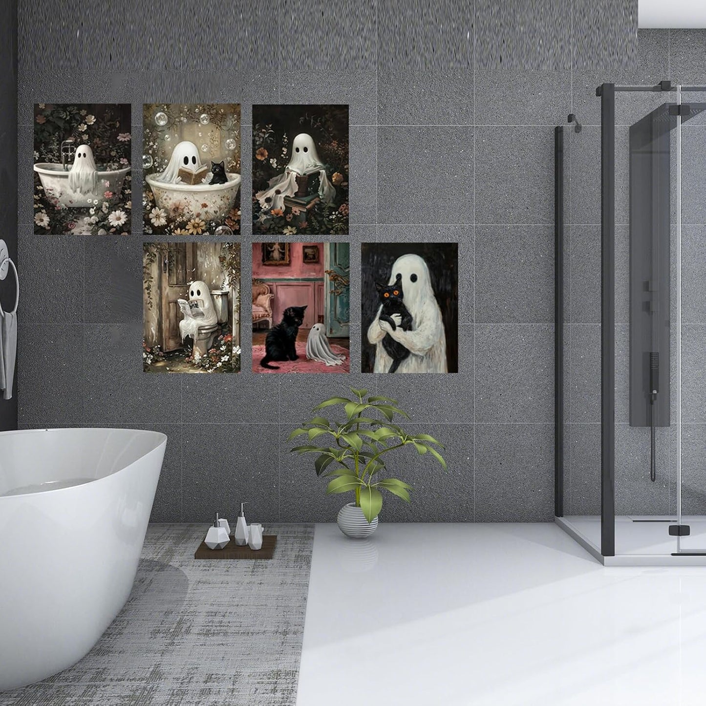 Vintage Ghost and Black Cat Wall Art Set of 6 Cute Gothic Halloween Poster Prints for Bathroom Bedroom Kids Room Spooky Reading Bathtub Ghost Picture Painting Unframed 12x16 Inch Wall Decor