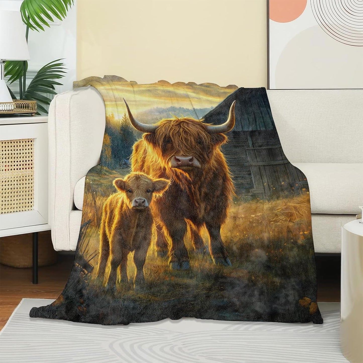 Sunset Highland Cow Blanket, Soft Cozy Warm Throw Blanket for Adults Kids Women, Comfy Lightweight Fuzzy Flannel Blankets for Couch, Travel, Car, Home Decor 60×50 Inch
