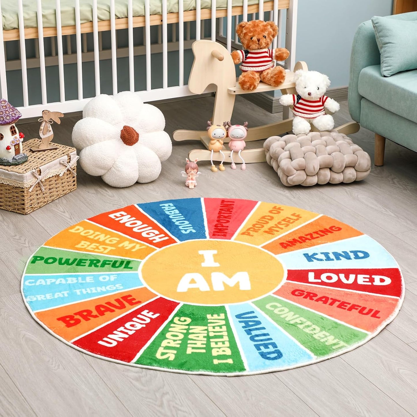 Corner Boho Nursery Sun Rug Positive Words Round 4 ft for Kids Playroom Washable Educational Rug Motivational Soft Circle Mat Back to School for Classroom Reading Dorm(Rainbow Color)