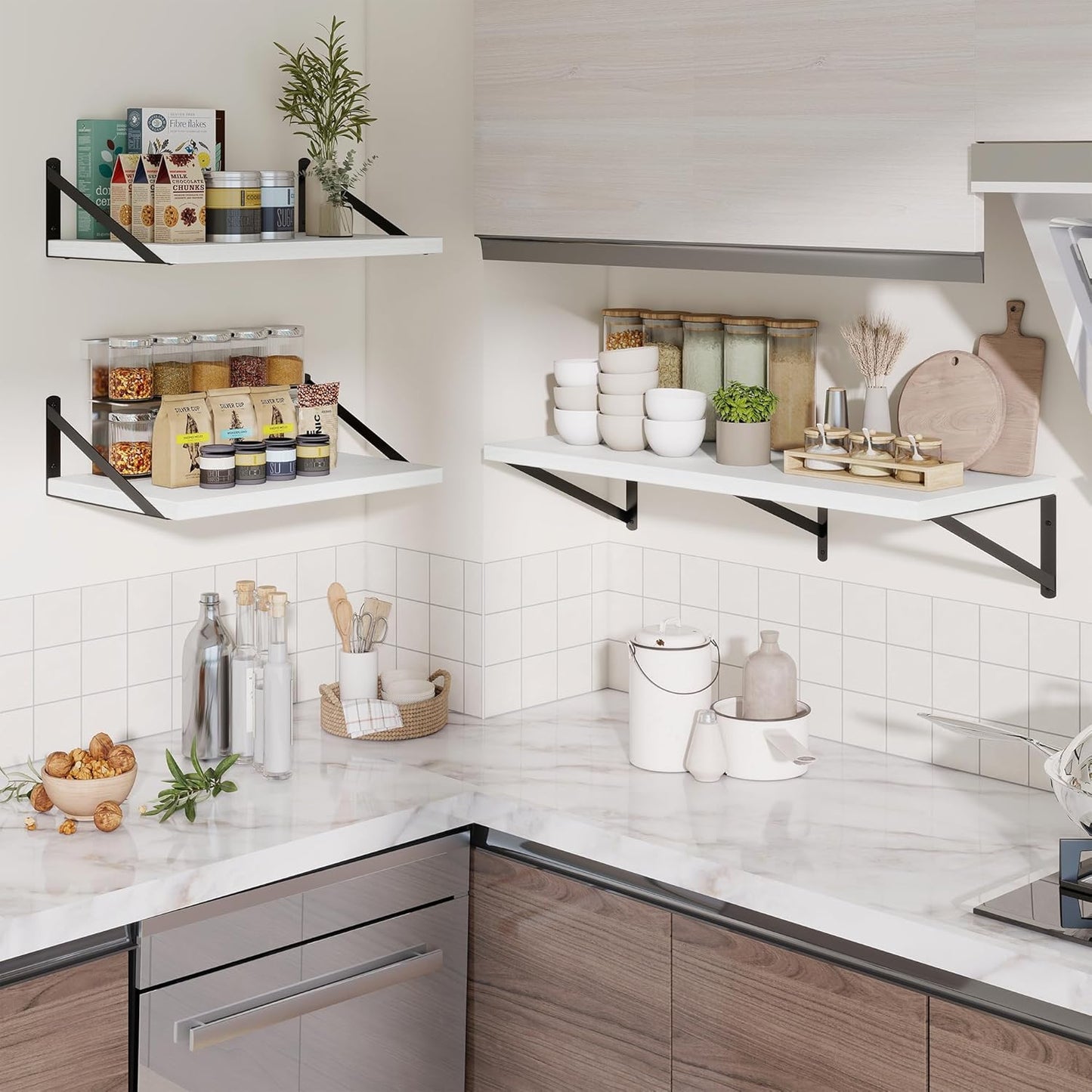 Deep Wall Shelves 30"W x 12"D Engineered Wood Floating Shelves for Wall, Sturdy Metal Bracket Bookshelves Home Decor Storage for Living Room Bedroom Bathroom Kitchen, Set of 2, White Finish
