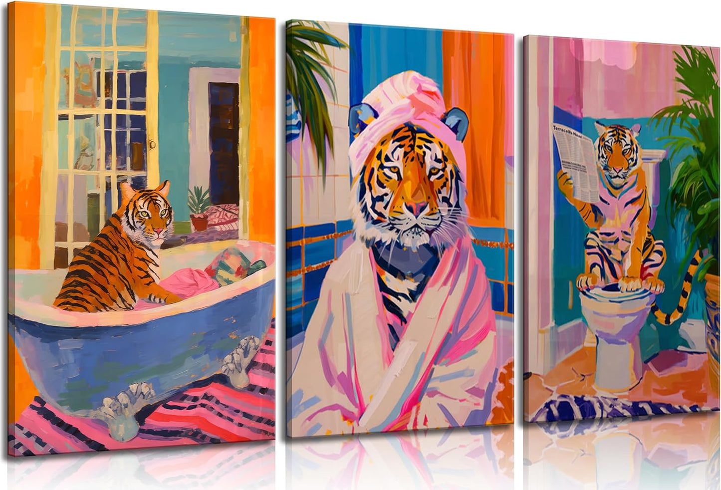 3 pcs Funny Bathroom Tiger Wall Art Eclectic Pink Kitsch Dopamine Aesthetic Animal Pictures Wall Decor Tiger in Bathtub Fashion Poster Print Artwork for Bathroom Toilet Furniture Decoration