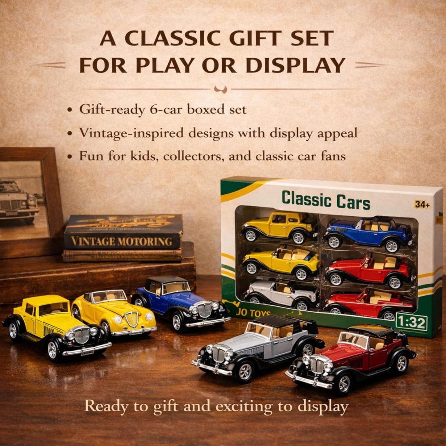 6 Pack - Diecast Cars Antique Classic American Vehicles with Pullback Action and Openable Doors, Collectible Vintage Retro Model Cars Toy for Display and Gifts for Kids (1:32 Scale)