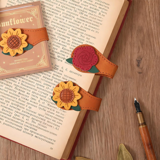 2PCS Vintage Magnetic Bookmark, Leather Bookmarks with Pen Holder Book Marker Clip Book Accessories Book Marks for Reading Women, Men, Book Lovers Gifts - Sunflower&Rose
