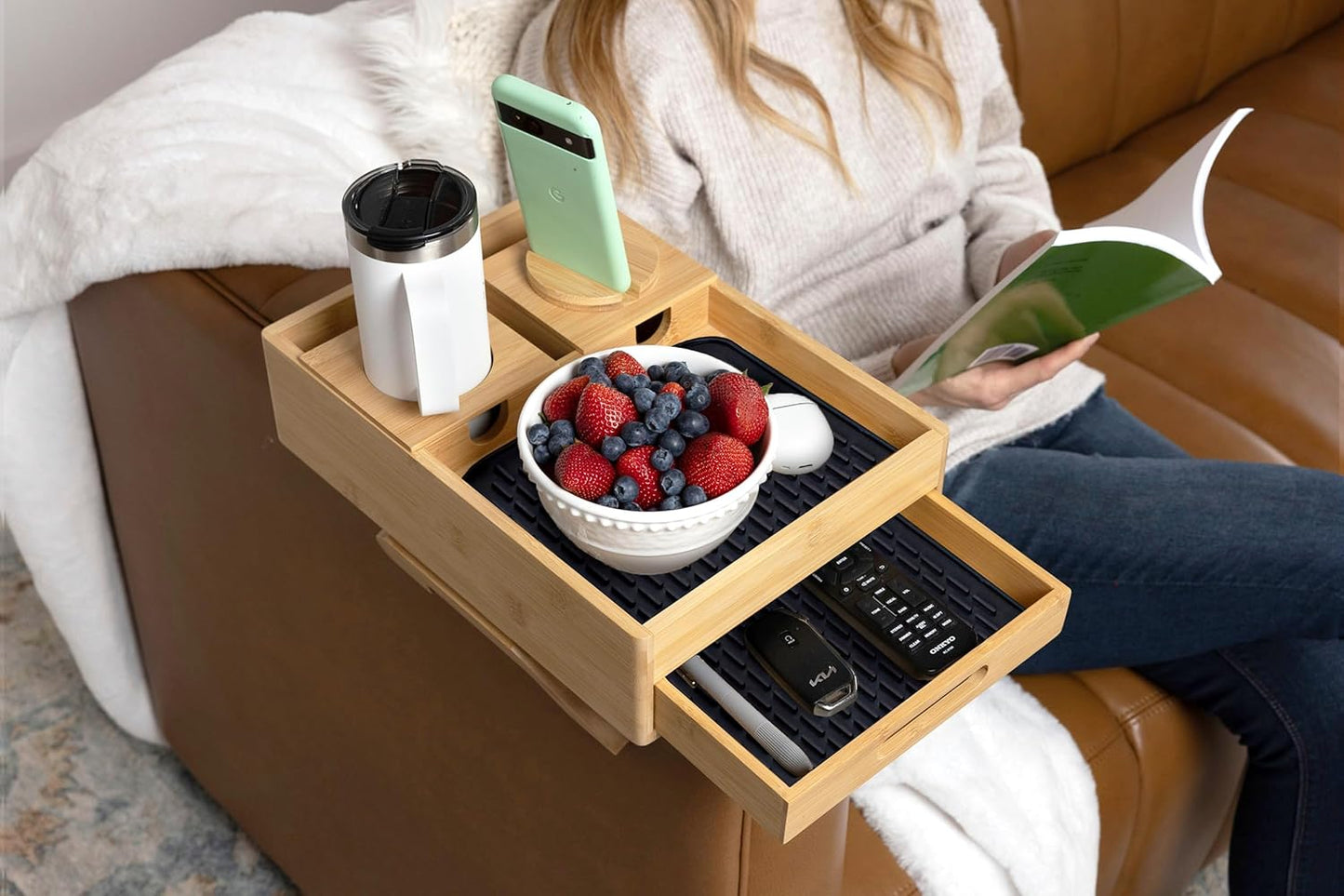 7-in-1 Sofa Armrest Tray with Drawer, Clip-On Side Table for Wide Armrest, TV Organizer with Cup Holder, Phone Stand, Remote Storage, Drinks, Snacks, and Accessories