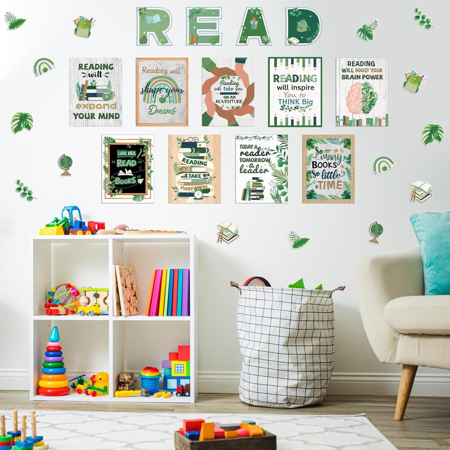 45 PCS Reading Bulletin Board Sets Eucalyptus Classroom Decor Bulletin Board Poster Greenery Classroom Decor for School Classroom Office Home Nursery Library