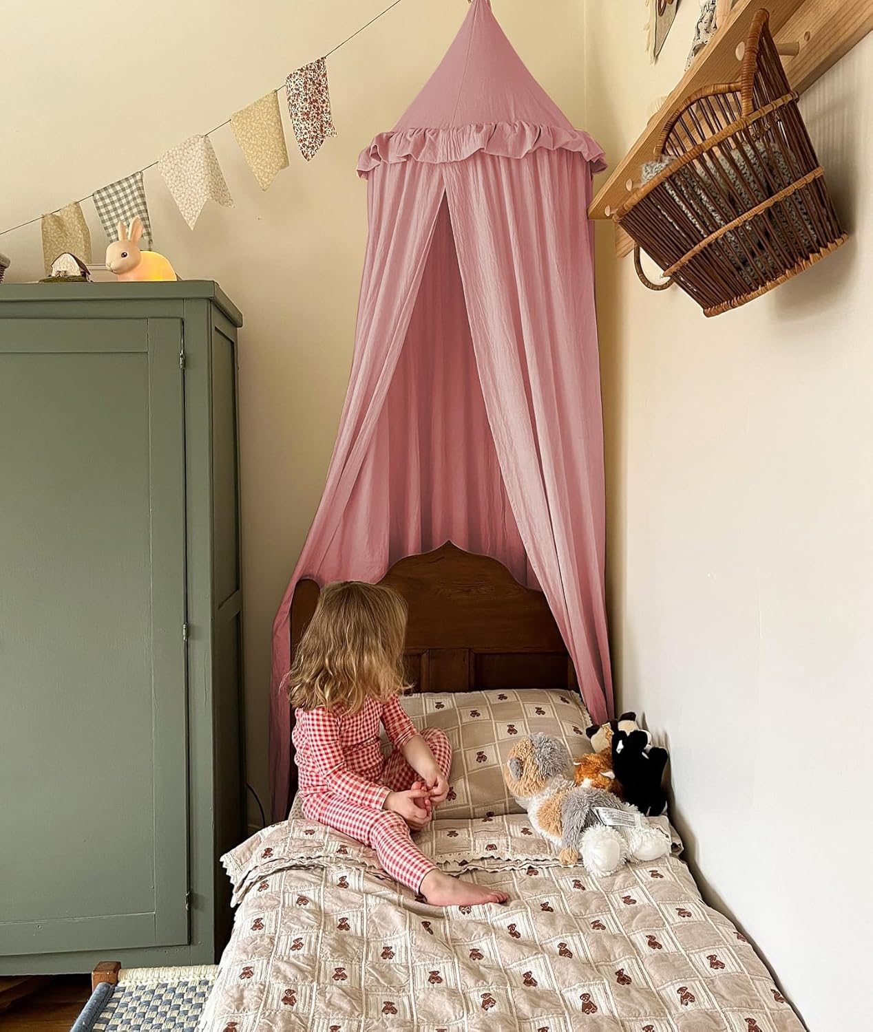 Kids Bed Canopy with Frills Cotton Cover Net for Crib Reading Nook Curtain Hideaway Hanging Round Tent Nursery Bedding Play Room Decor