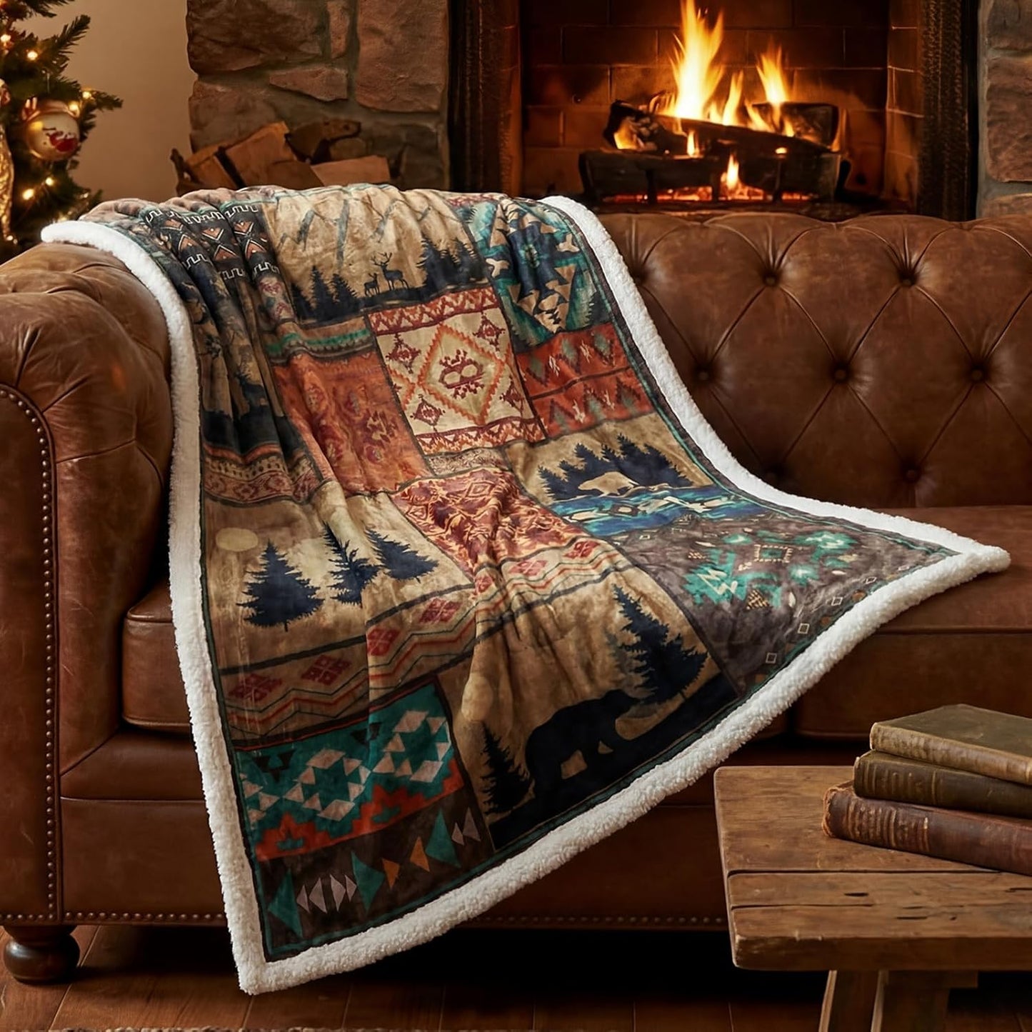 Cabin Flannel Throw Blanket Sherpa Fleece Thick Throws Winter Patchwork Blanket Holiday Soft Warm Gift Cozy Farmhouse Home Decoration for Couch Bed Sofa 50"x 60"