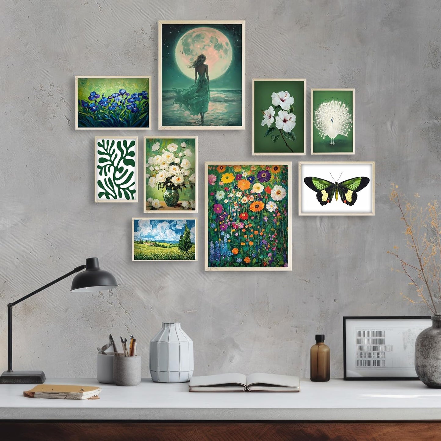 Eastern Print Eclectic Green Wall Art, Set Of 9 Pcs Unframed Posters, Vintage Room Decor Coquette, Green Painting Home Decor, Vintage Eclectic Wall Art Prints For Bedroom, Living Room, UNFRAMED