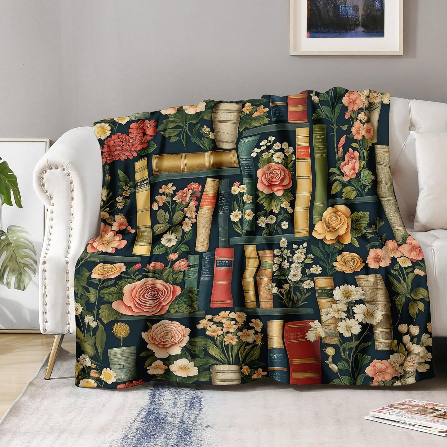 Book Lovers Gifts for Women Girls, Flowers and Book Blanket Gifts for Books Lovers Women Readers Bookish Librarian Themed Reading Blanket, Soft Bed Couch Decor Birthday Throw 50"x60"
