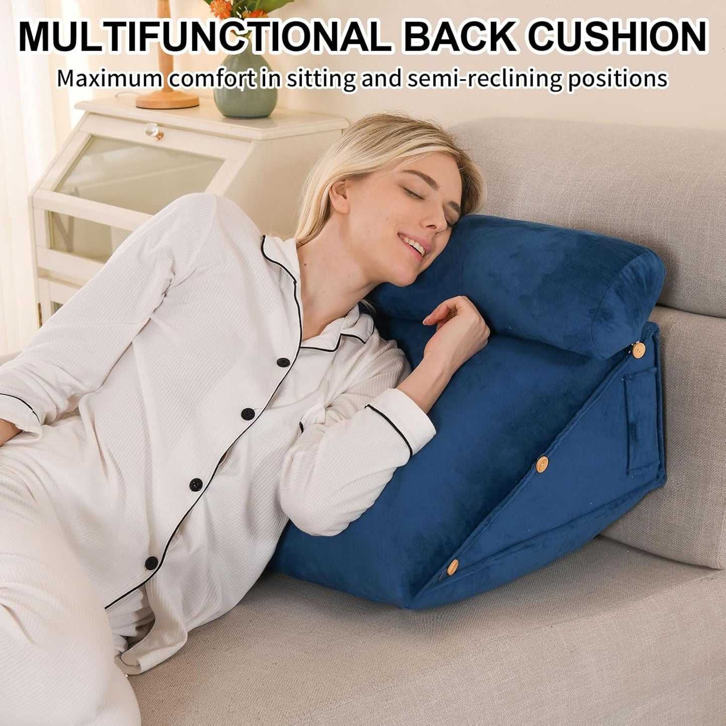 ele ELEOPTION Lumbar Back Support Pillow with Removable Neck Roll Wedge Back Cushion for Bed & Sofa with Side Pocket, Ergonomic Support Pillow for Reading (Navy Blue)