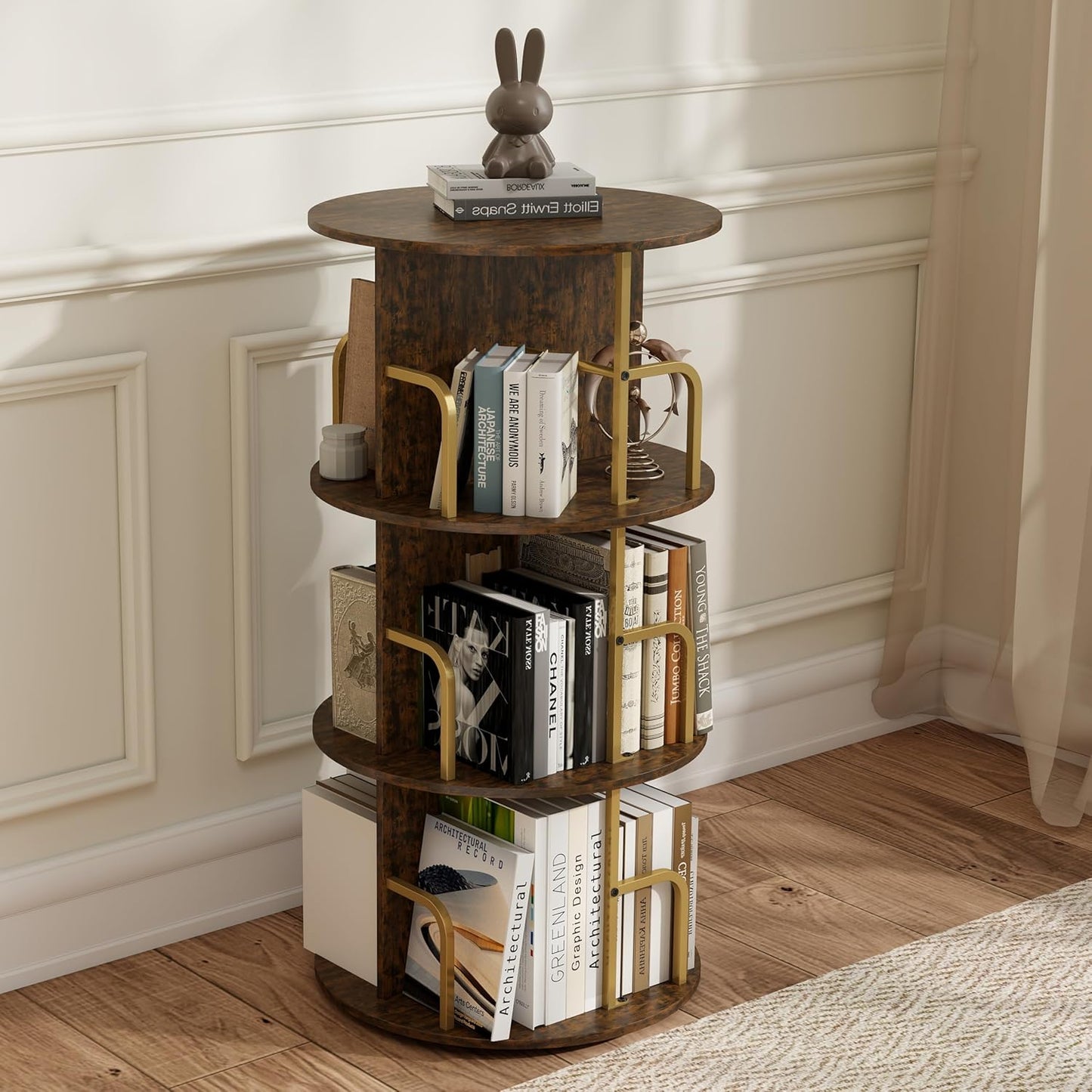 Manora 360° Rotating Spinning Bookshelf Tower, 3 Tier Round Bookcase with Storage Organizer and Display Shelves, Corner Space-Saving Rotating Book Shelf for Living Room, Bedroom, Office, Gold