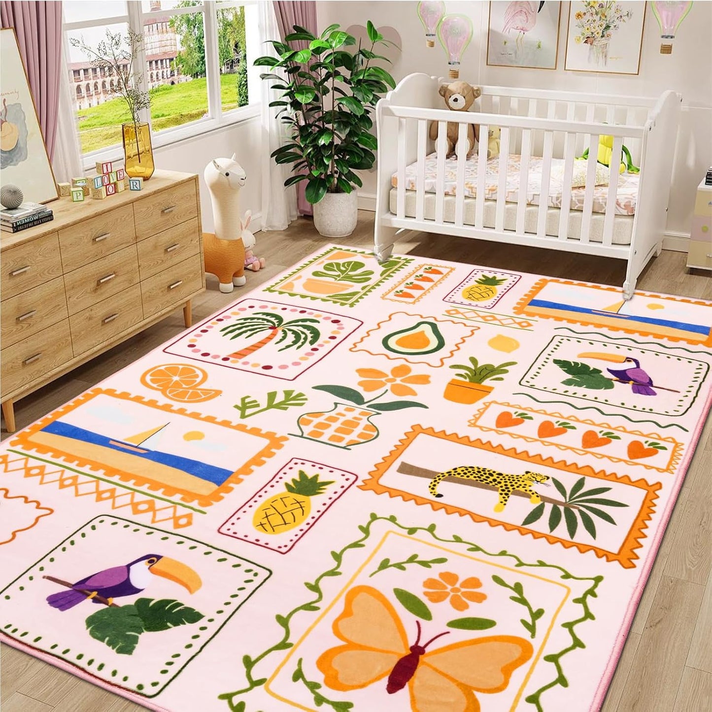 Instellar Kid's Rug for Playroom-8x10 Washable Non Slip Low Pile Area Rug,Cute Animal & Plant Patterns Carpet for Bedroom,Study,Classroom（Light Pink）
