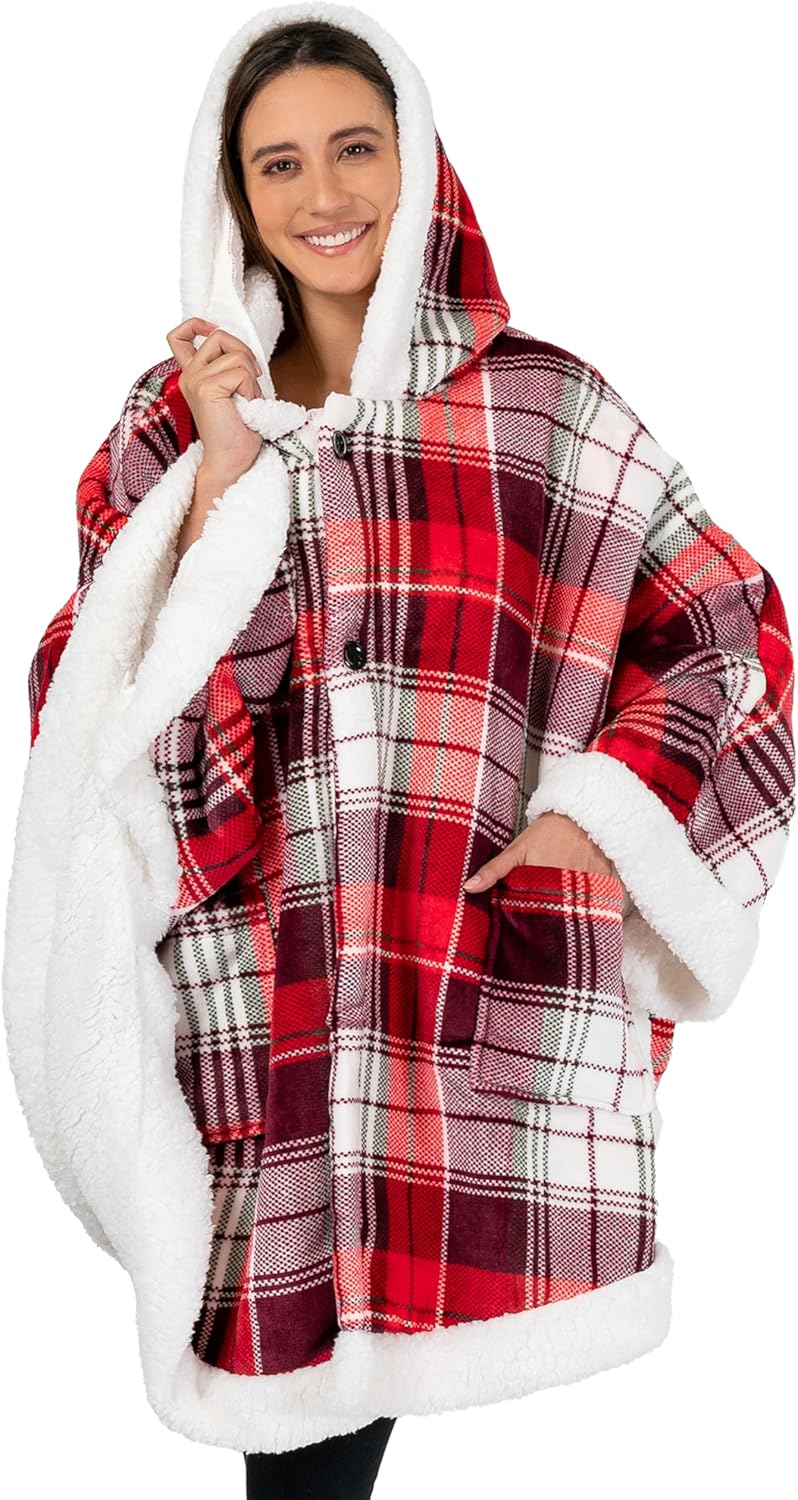 PAVILIA Sherpa Fleece Wearable Blanket for Adult Women, Cozy Plush Blanket Poncho Cape with Hood, Super Soft Shawl, Angel Wrap Throw for Office, Tartan Plaid