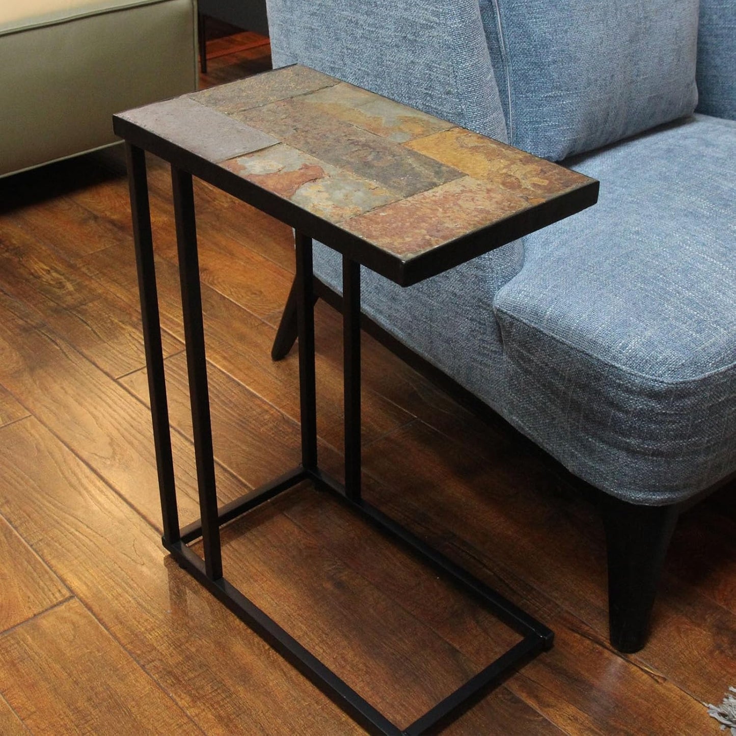Zhongma Couch Tray Table,C-Shap End Table with Slate Table Top, Solid Real Stone, Side Table,Accent Table for Small Spaces