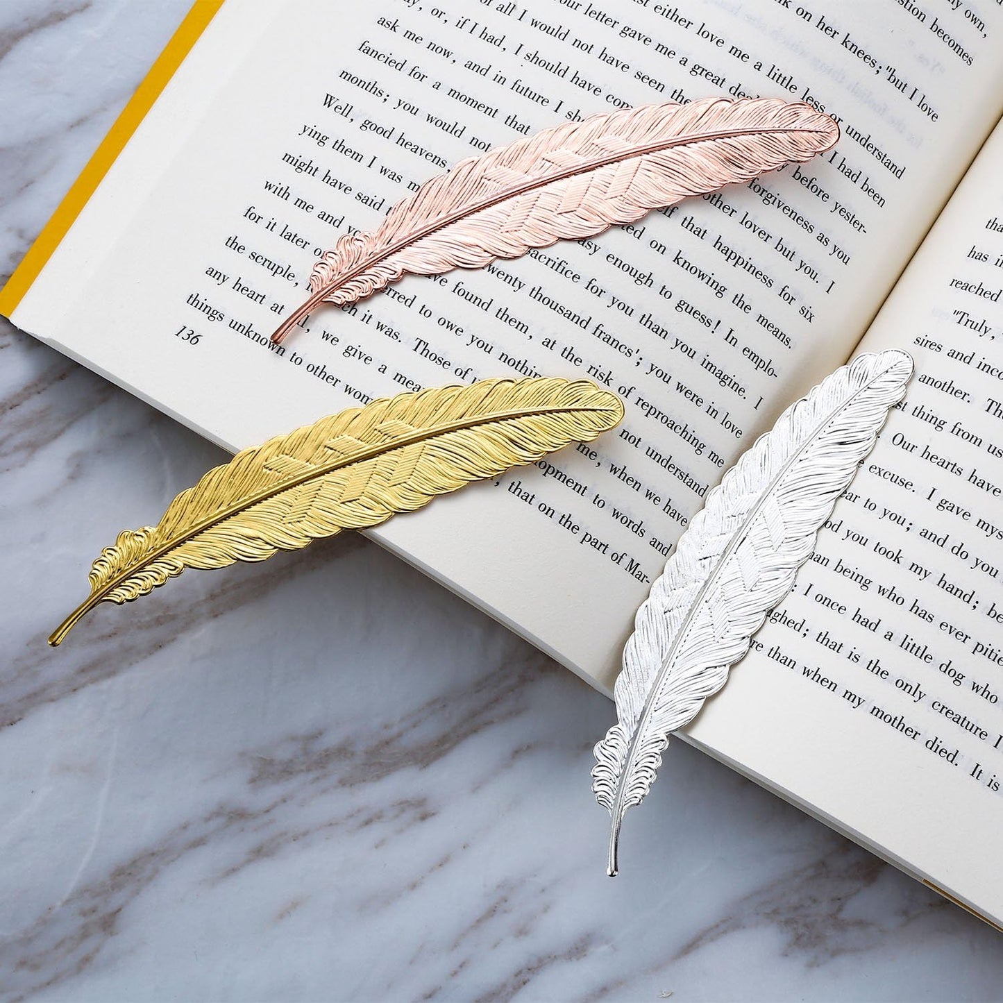 Gejoy 8 Pieces Valentine Metal Feather Bookmarks Vintage Metal Bookmark Feather Shape Book Marker Teacher Appreciation Gifts for Readers Book Lovers(Set 1)