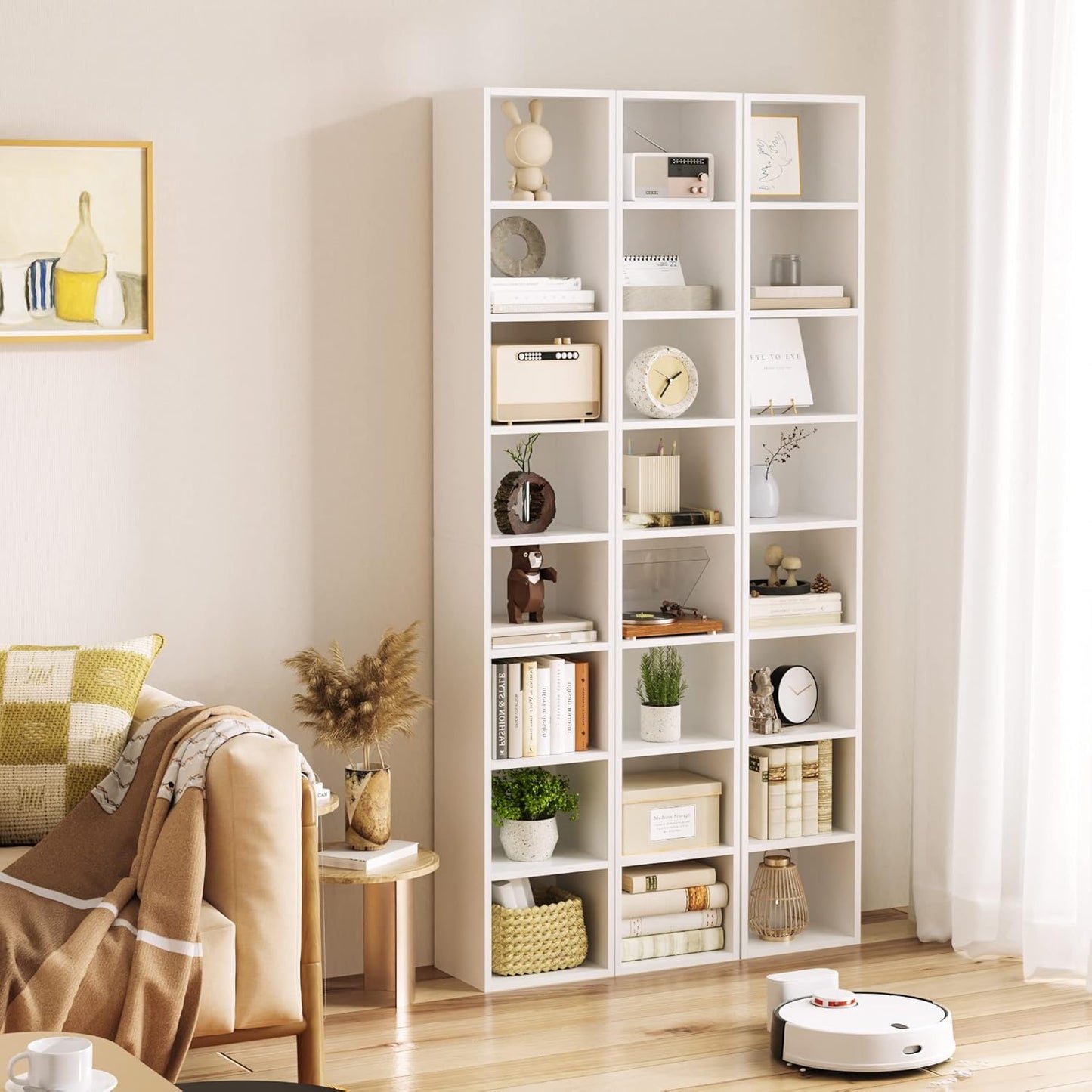 FOTOSOK White Bookshelf 8-Tier Media Tower Rack, 11.6 X 9.3 X 70.9 Inches CD DVD Slim Storage Cabinet with Adjustable Shelves, Tall Narrow Bookcase Display Bookshelf for Home Office, White