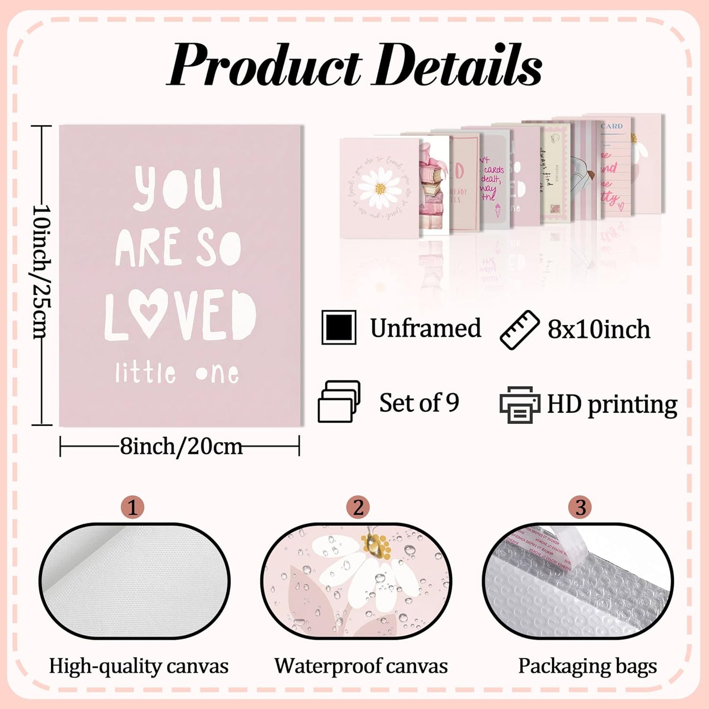 XYHYRA Pink Wall Art Painting Set of 9, Pink Preppy Girly Quote Canvas Prints Painting, Romantic Bow Books Daisy Poster Aesthetic Room Decor for Teen Girls Bedroom Dorm 8x10 Inch Unframed
