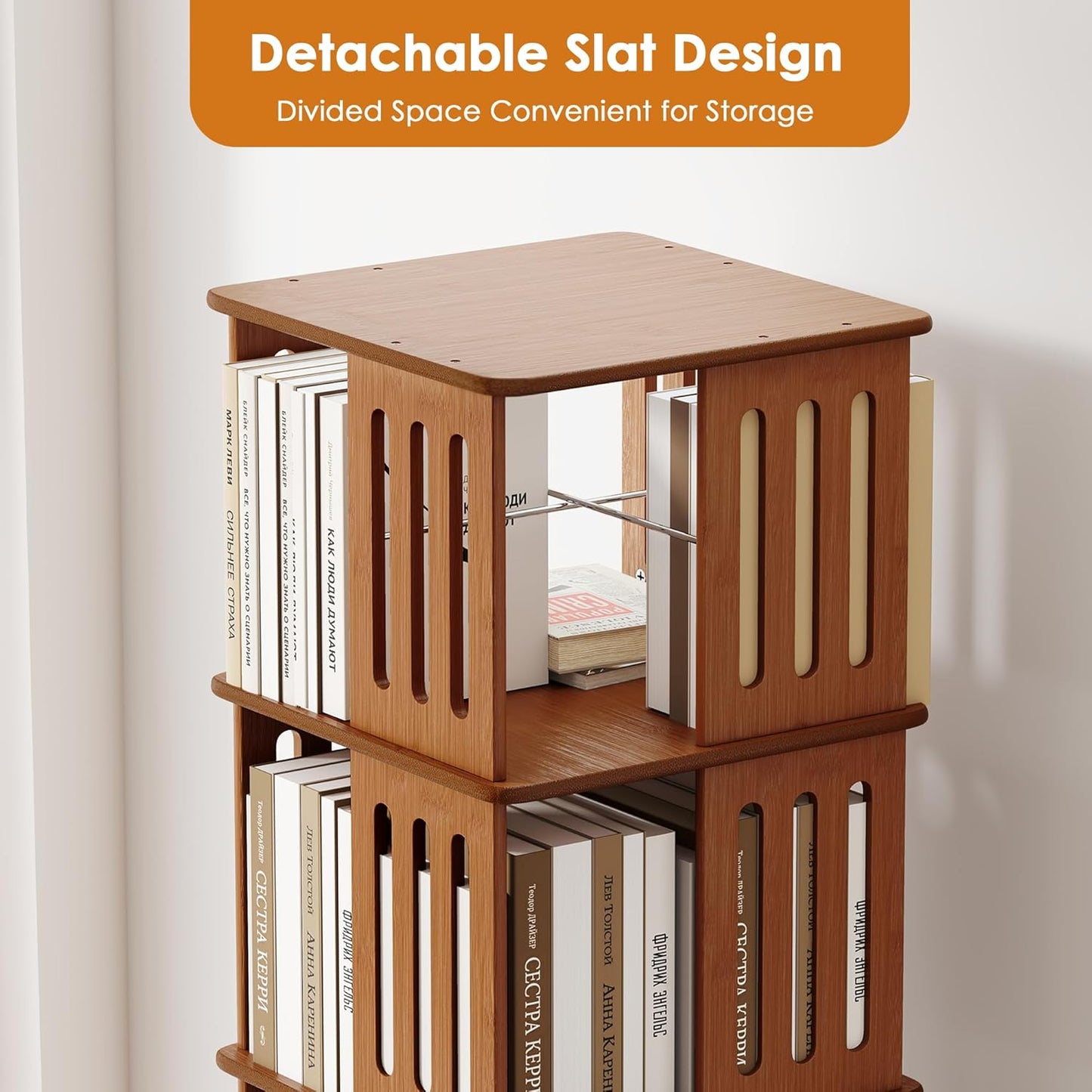 Rotating Bookshelf Tower 6 Tier 360° Bamboo Spinning Bookcase Tall Square Revolving Book Shelf Floor Standing Vertical Space-Saving Storage for Kids Rooms Living Room Bedroom Office - Walnut